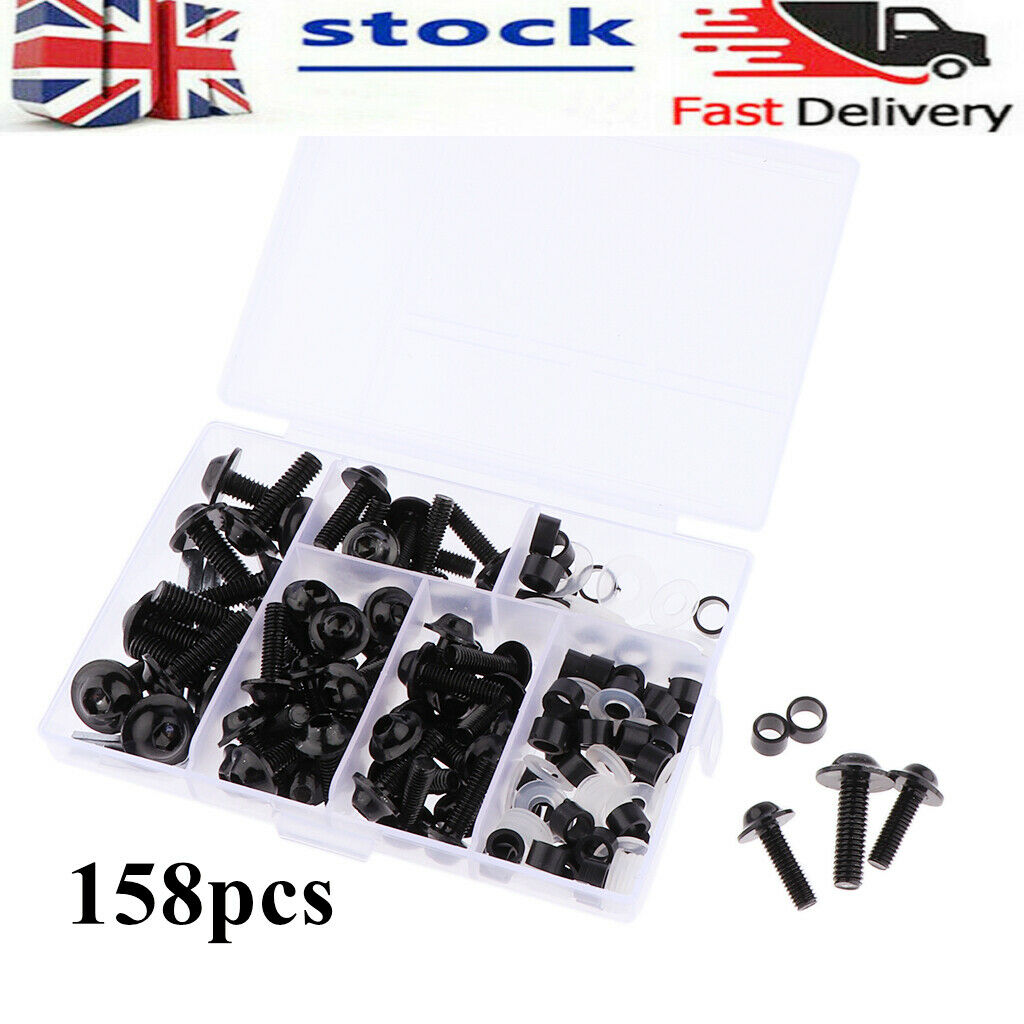 158Pcs Motorcycle Metal Complete Fairing Bolt Kit Bodywork Screws Nuts - Black