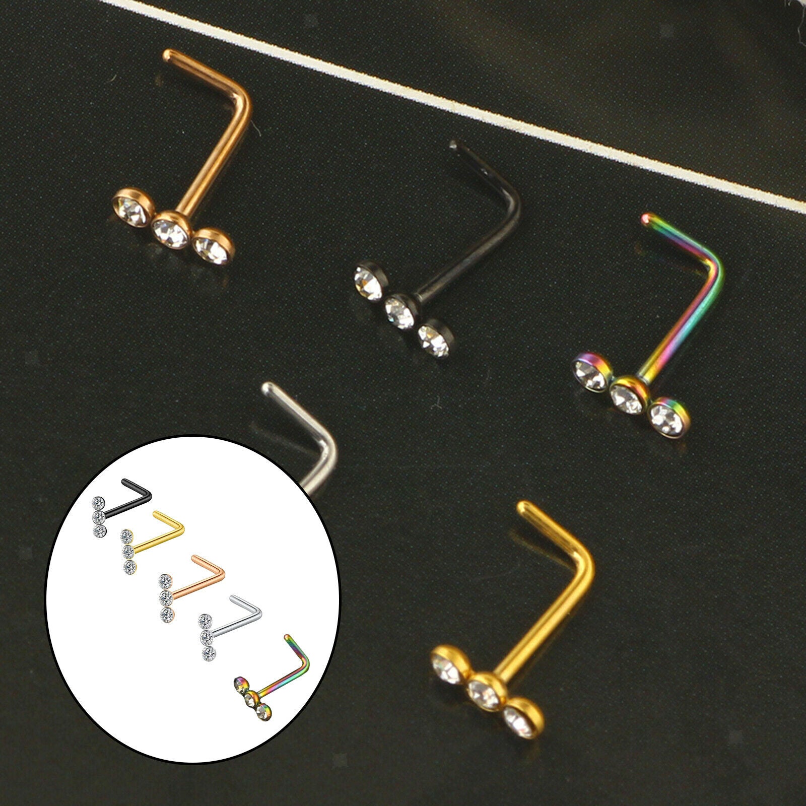 5 Pieces Nose Stud Stainless Steel Rhinestone L-Shape Screw Mixed Color 7mm