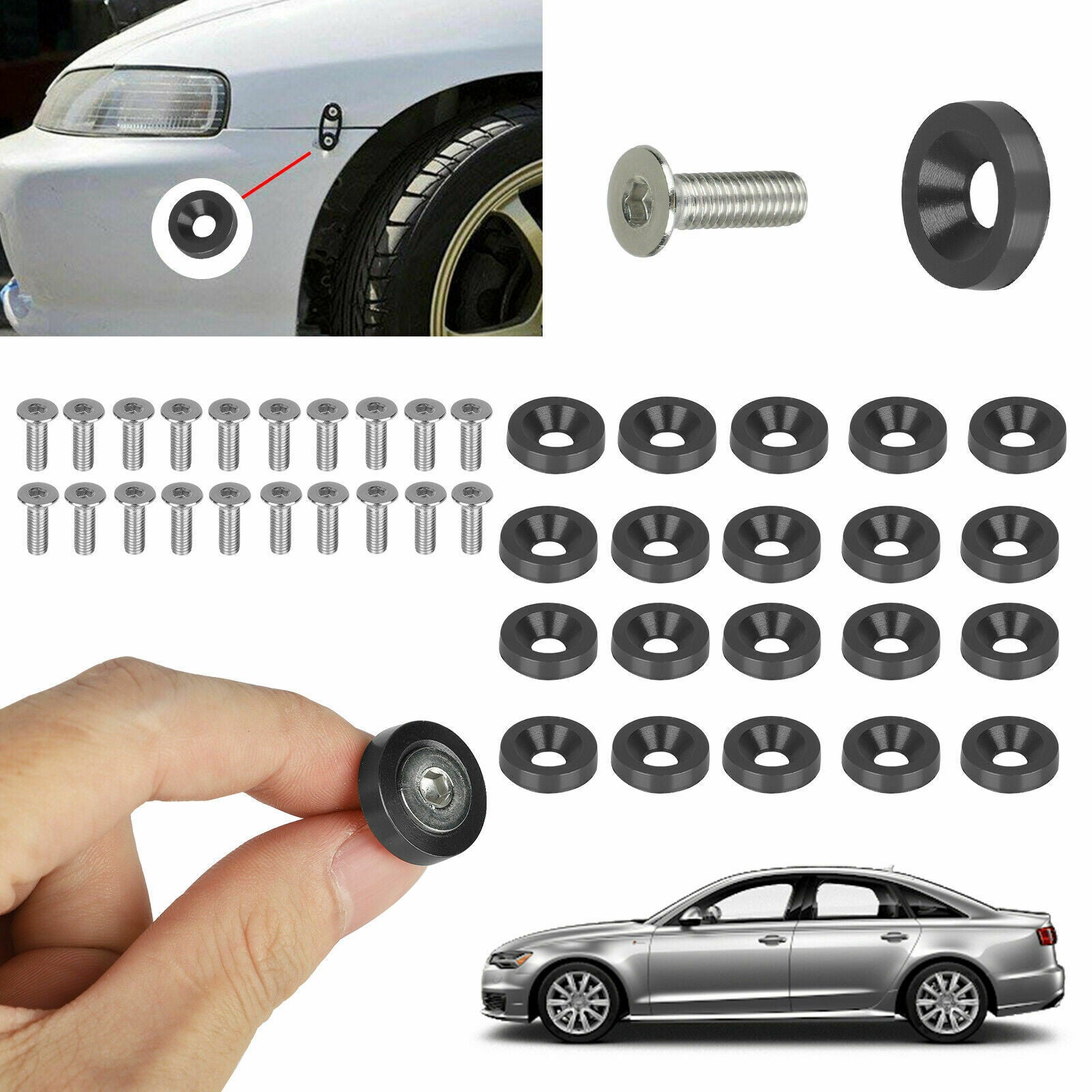 20pcs Balck Billet Aluminum Fender Bumper Washer/bolt Engine Bay Dress Up Kit M6