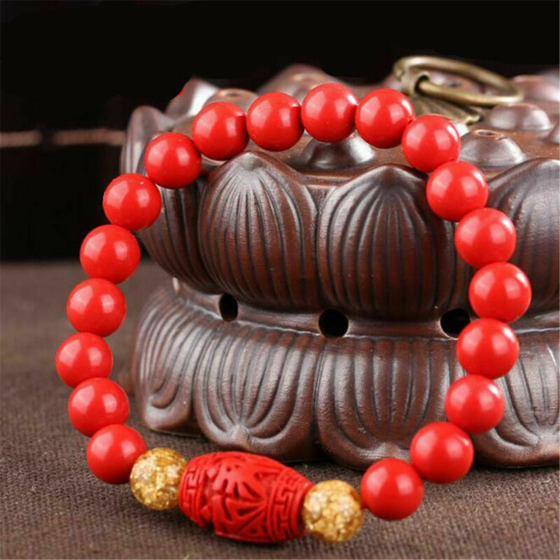 Chinese 8MM Natural Red Organic Cinnabar Elastic Bracelet Lucky Amulet Gift