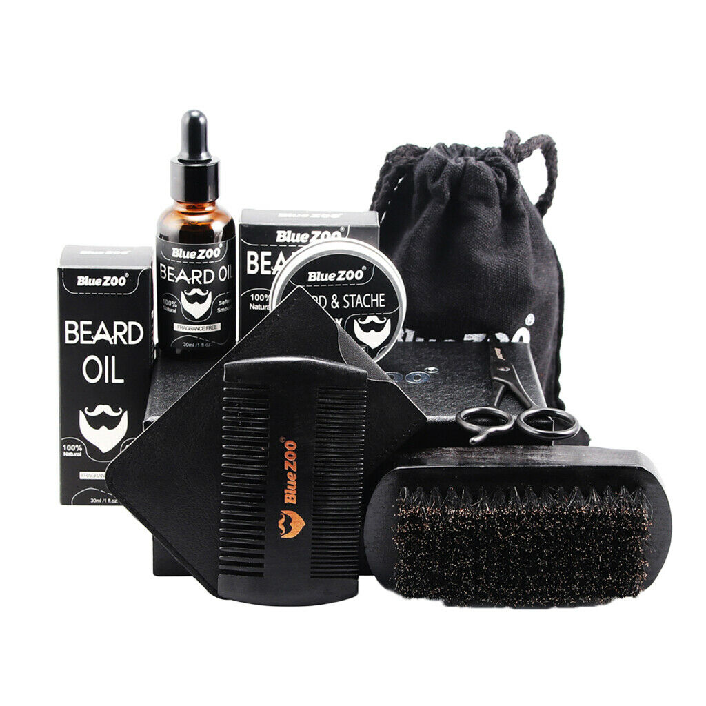 2 Set Men Grooming Kit Beard Balm Oil Wax Mustache Comb Brush Bag Scissors