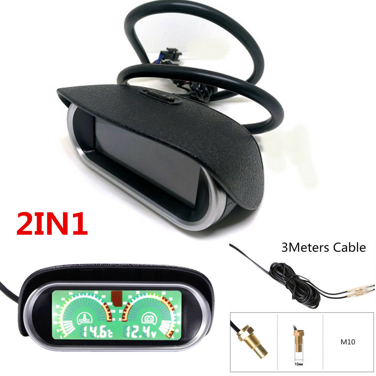 DC 9-36V 2IN1 LCD Digital Car Water Temp Temperature Meter Voltmeter Volt Gauge