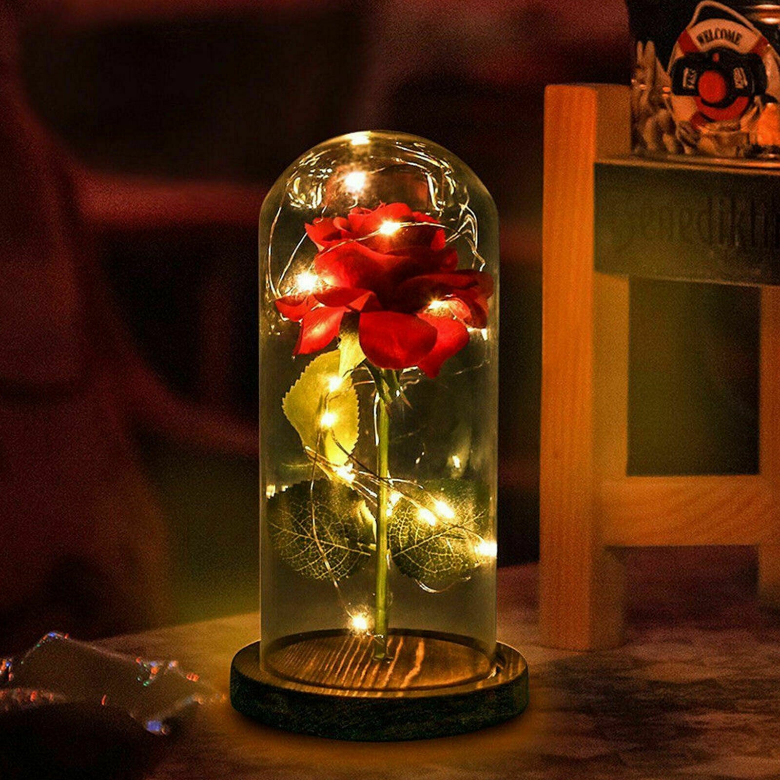 Beauty And The Beast Enchanted Rose In Glass Dome Light LED USB Lamp Decor Gift