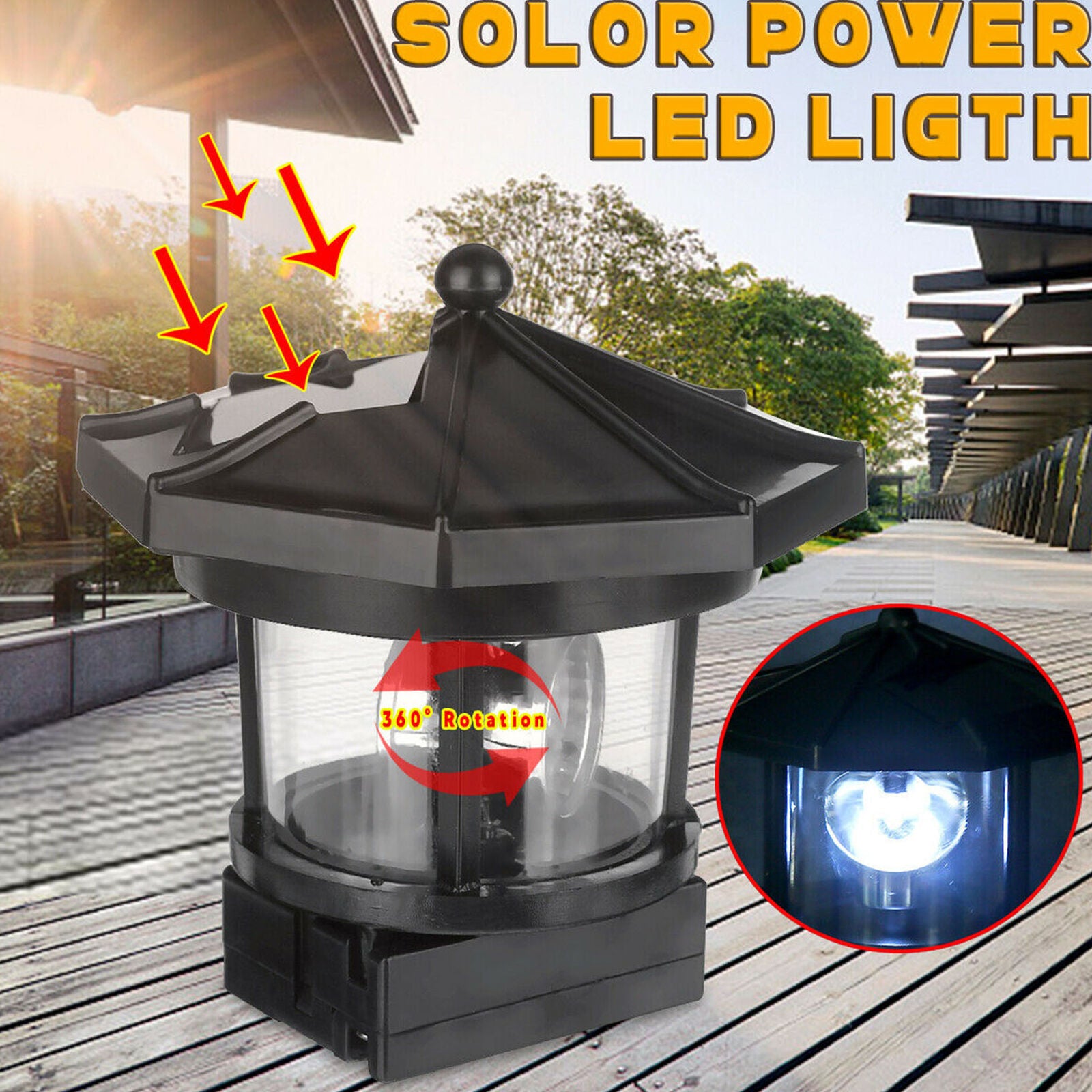 Solar Powered LED Lighthouse Rotating Lamp Garden Light Outdoor Decor Yard Patio