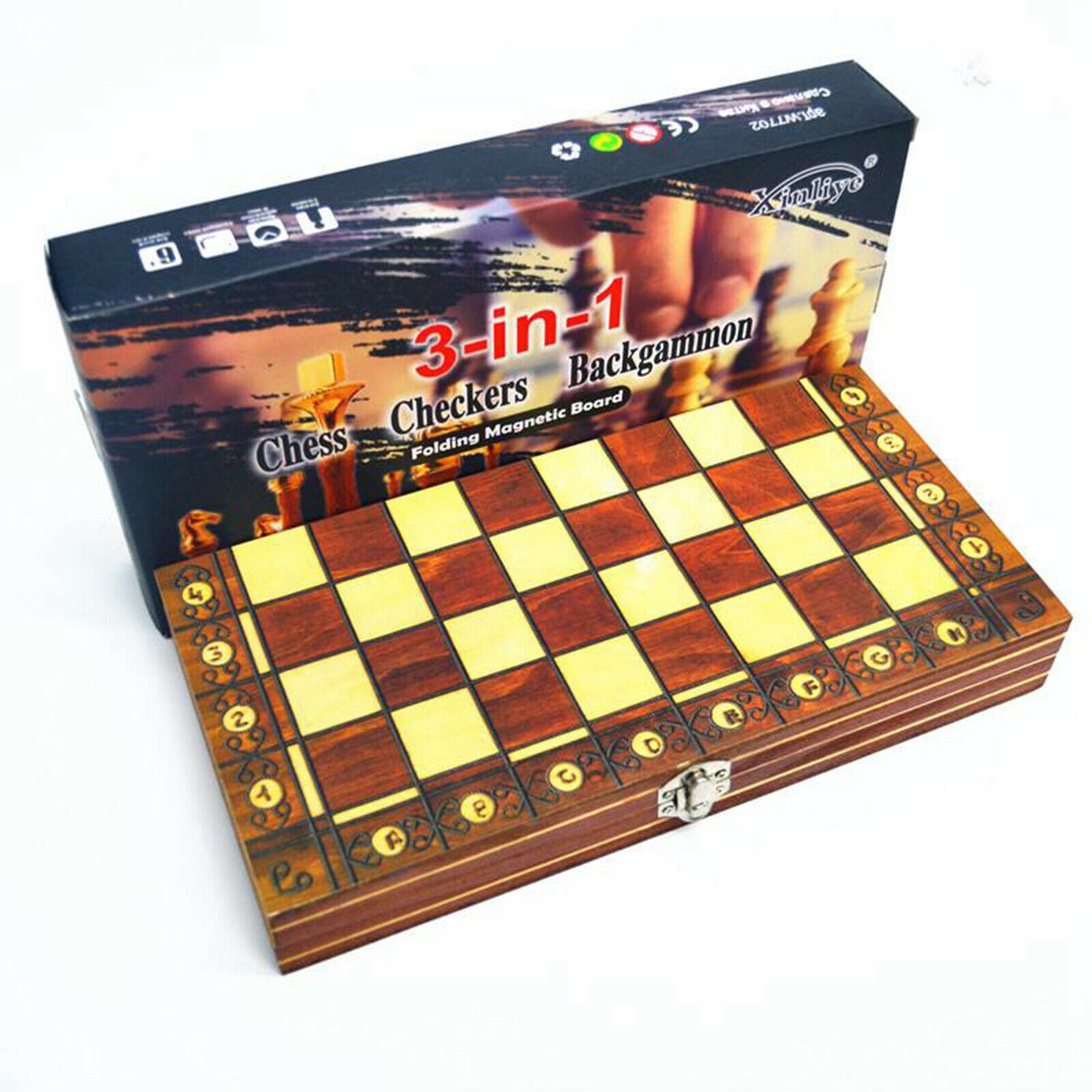 Portable 3 in 1 Folding Magnetic Wooden Chess Set 18" Board for Chess Lovers