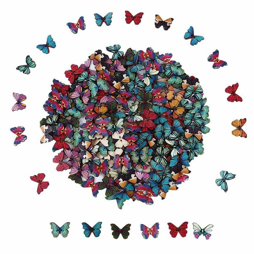 Lot 100 Pc Butterfly Wooden Button 2 Holes Button Sewing Flatback DIY Crafts