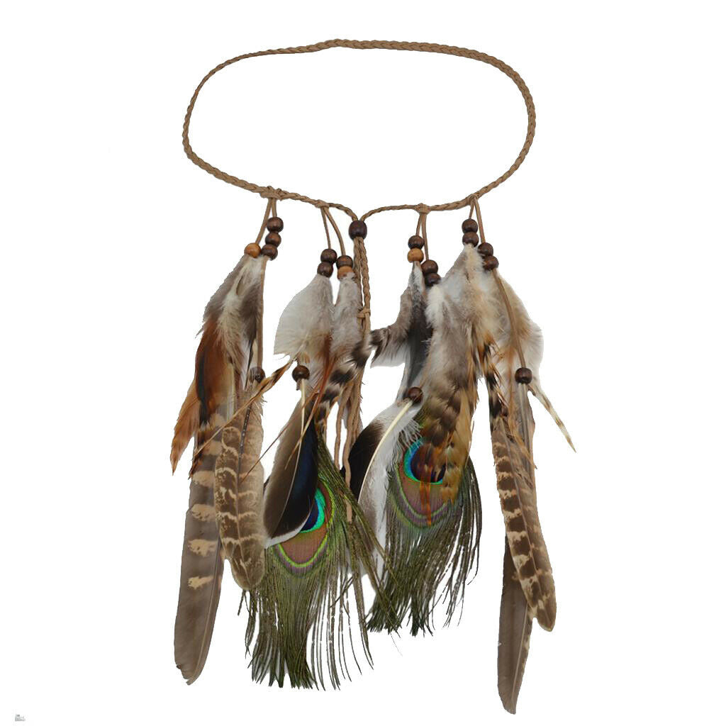Behomian Ethnic Peacock Feather Long Tassels Headband Hair Headpiece Brown