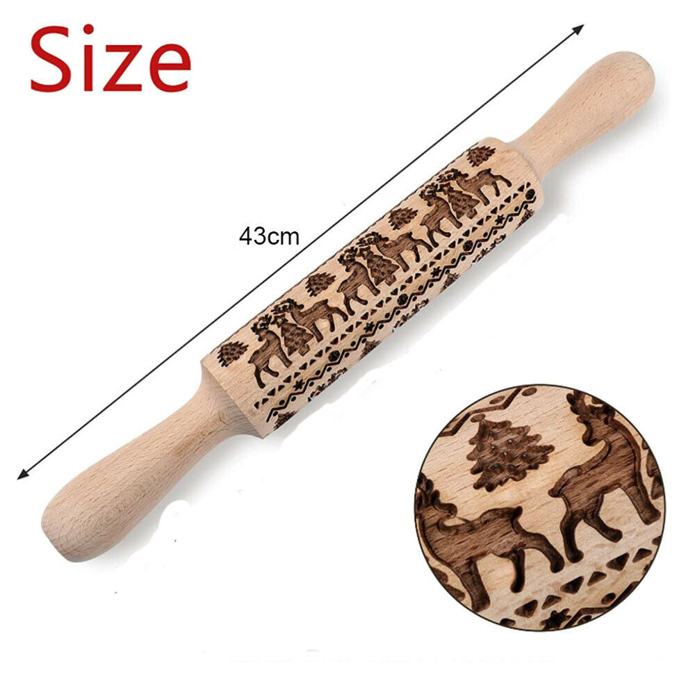 Christmas Wooden Rolling Pins Elk Deer Embossing Rolling Pin Kitchen Baking Tool