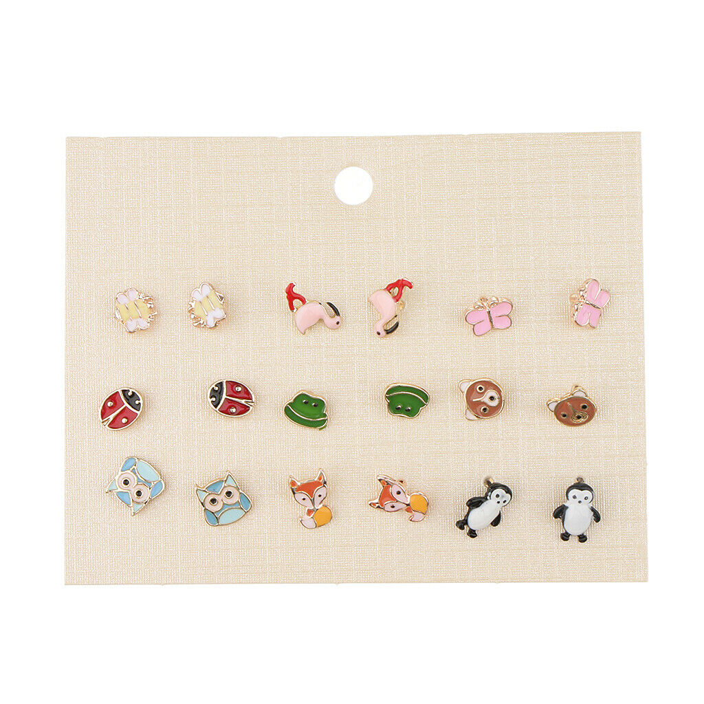 9 Pairs Lovely Mixed Color Lowrie Ladybug Flamingo Owl Frog Stud Earrings Sets
