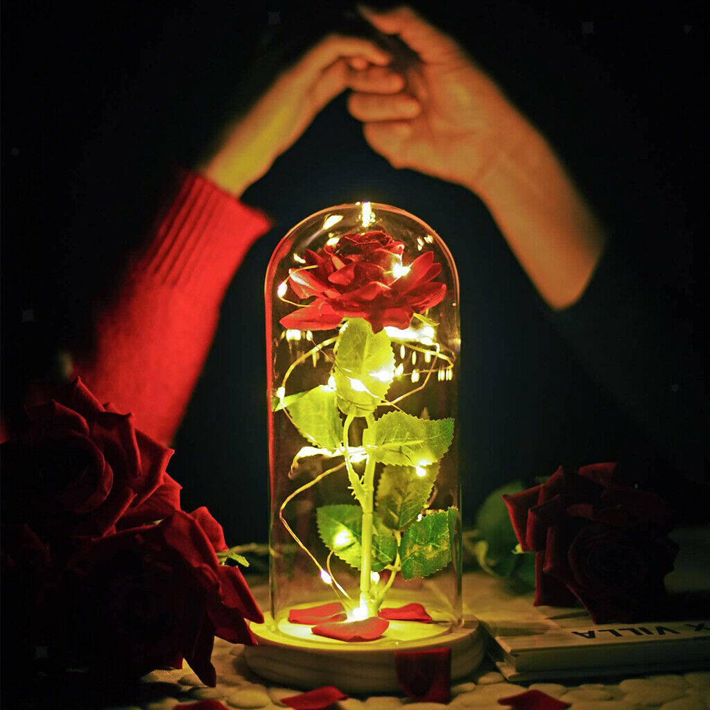 LED Eternal Rose Preserved Glass Dome Valentine's Day Fresh Roses Christmas