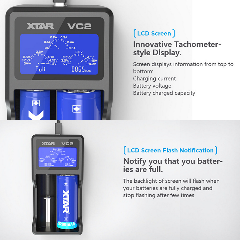 For XTAR VC2 Battery Fast Charger USB LCD Display for 18350 20700 21700 18650