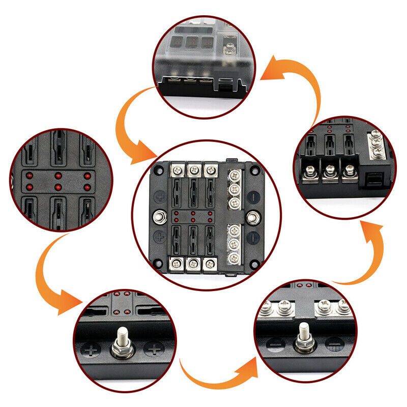 6 Way LED Indicator Car Boat Yacht Bus Fuse Box Block Holder Stud Connection Kit