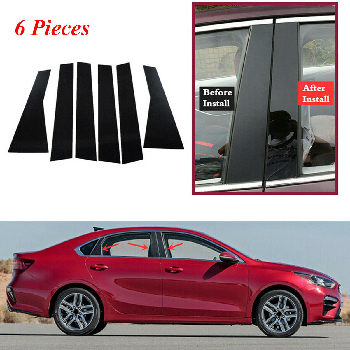 6 × Car Front Rear Side Door Window Black Decoration Strip For Kia Forte 2019-21