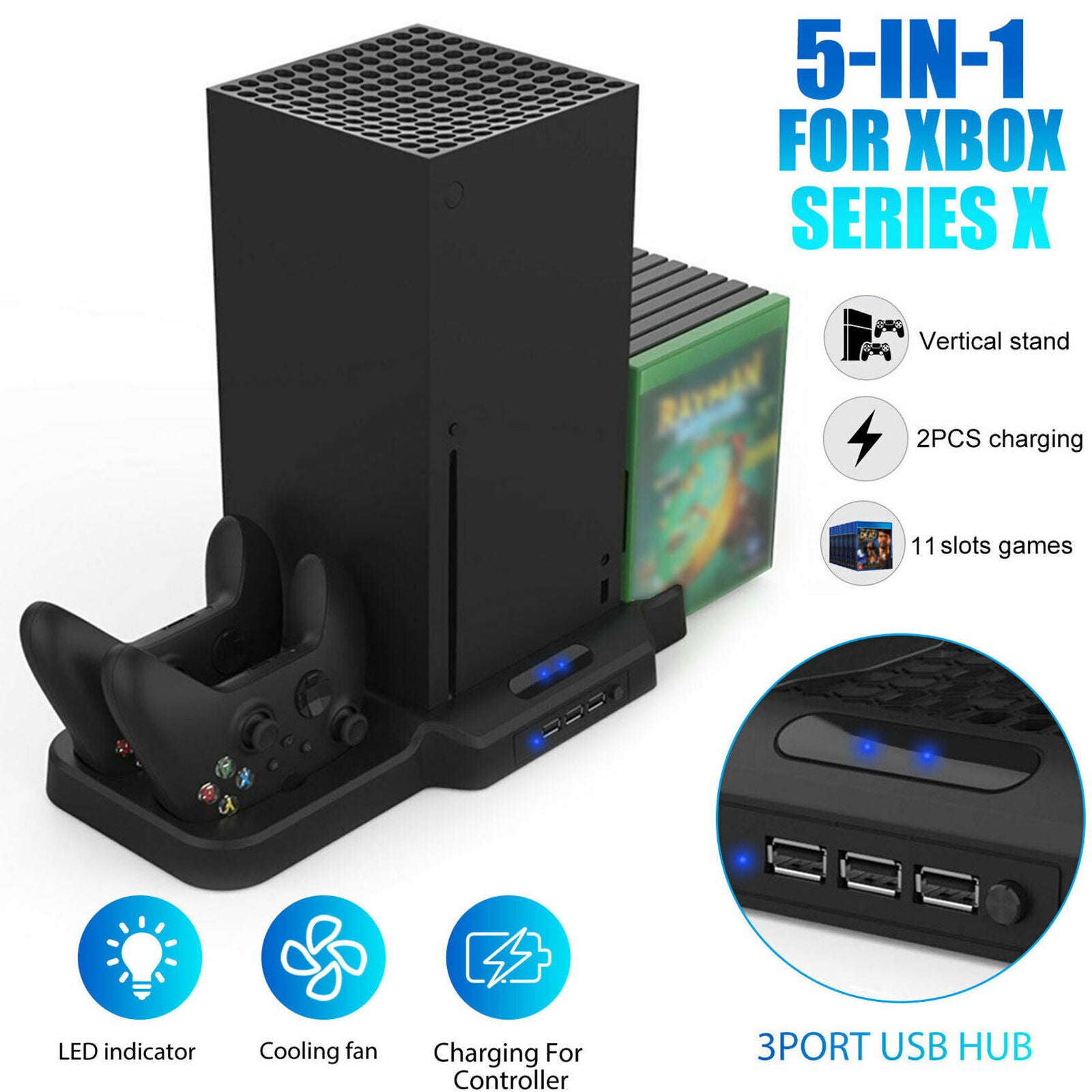 For Xbox Series X Console Vertical Stand+Cooling Fan+Controller Charger+USB Hub