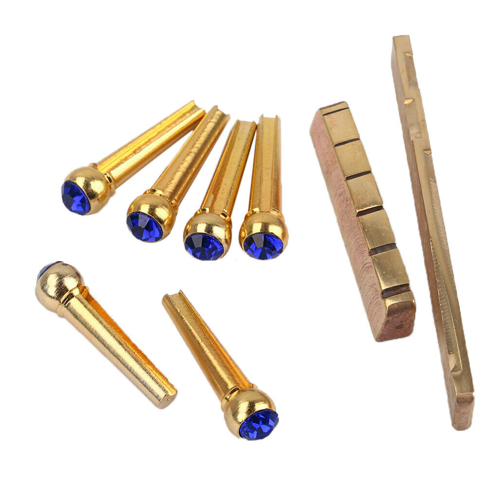 1 Set Acoustic Guitar Replacement Brass Saddle Nut + Blue Opal Bridge Pins