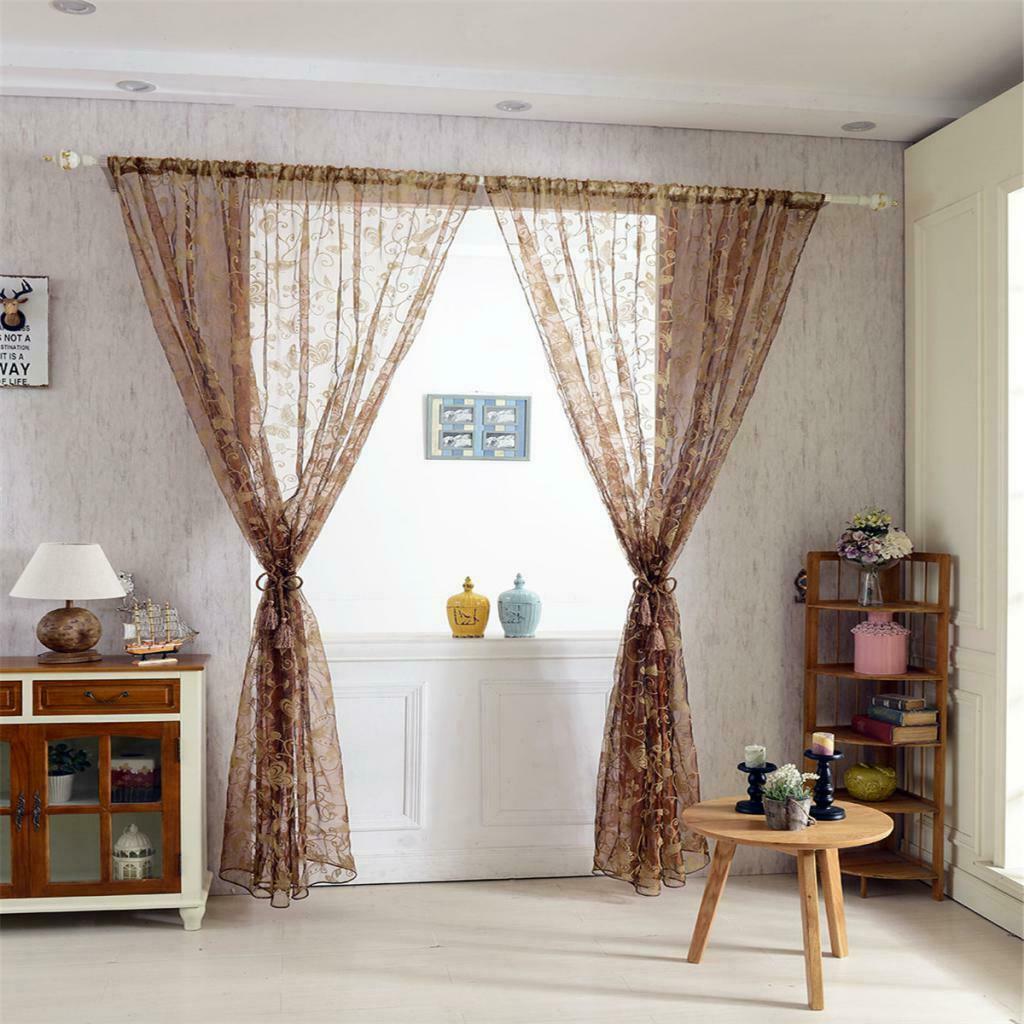 Flocking Voile Curtain Grommet Window Panel Butterfly  Coffee 200x250cm