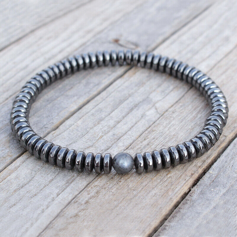 Handmade 6mm Labradorite Stone Hematite Disc Beads Bracelet Gift for Men Jewelry