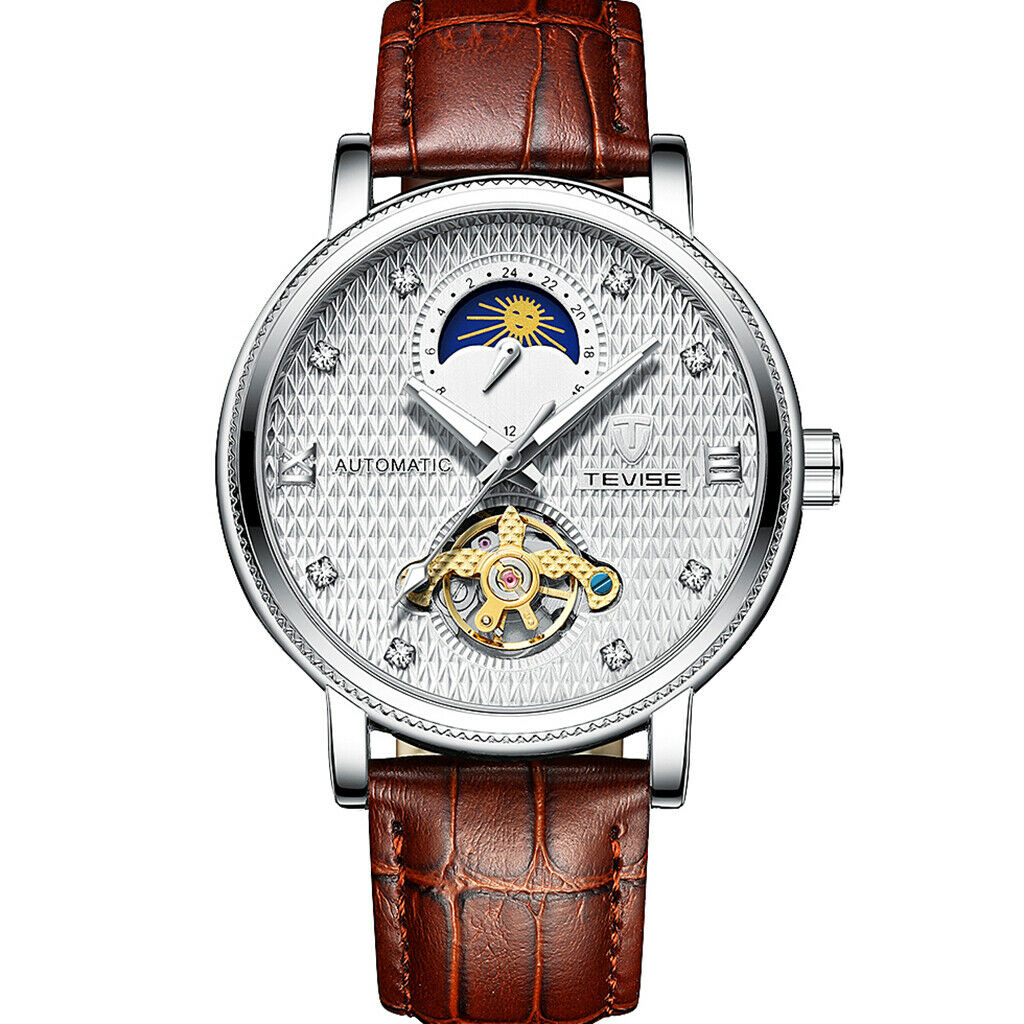 Men Luminous Automatic Mechanical Watch Leather Band Wristwatch Brown