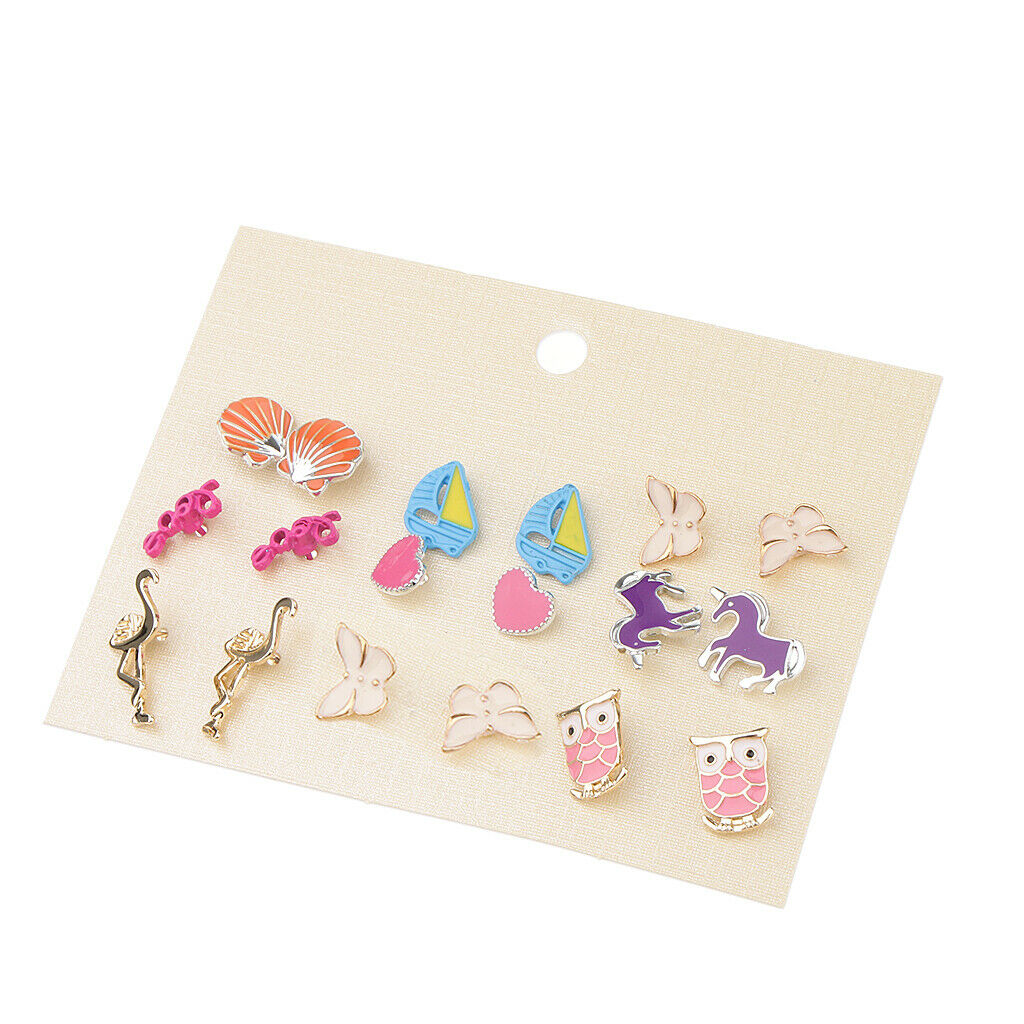 9 Pairs Cute Girl Animal Flamingo Veil Owl Butterfly Ear Set