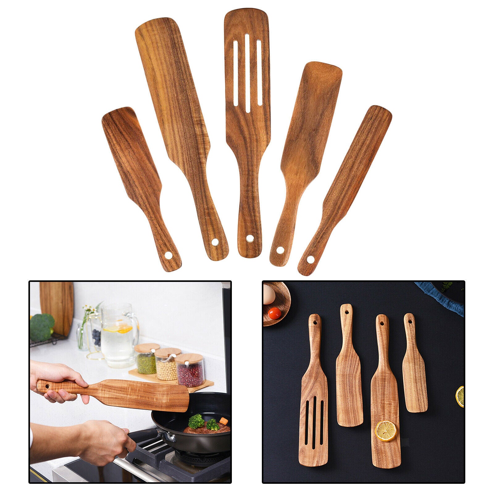 5pcs Wooden Kitchen Utensil Set,Turner Spatula Acacia Spurtle Kitchen Sets