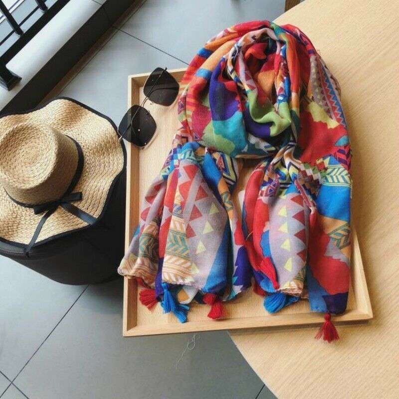 Women Boho Bohemian Scarves Wrap Shawl Ethnic Tassel Fringe Geometric Beach Gift