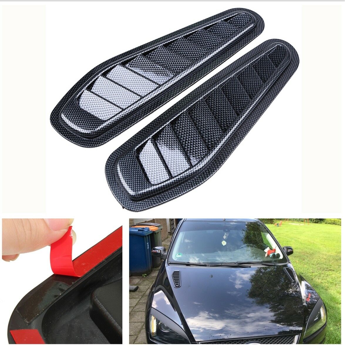 2x Carbon Fiber Look Car Air Flow Intake Turbo Bonnet Vent Hood Cover Decoration