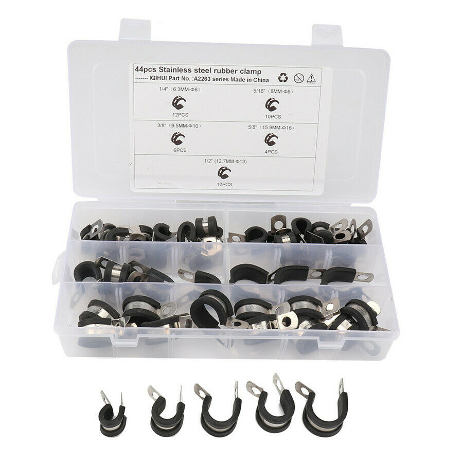44* 5Size Cable Clamps Assortment Kit Stainless Steel Rubber Cushion Pipe Clamp