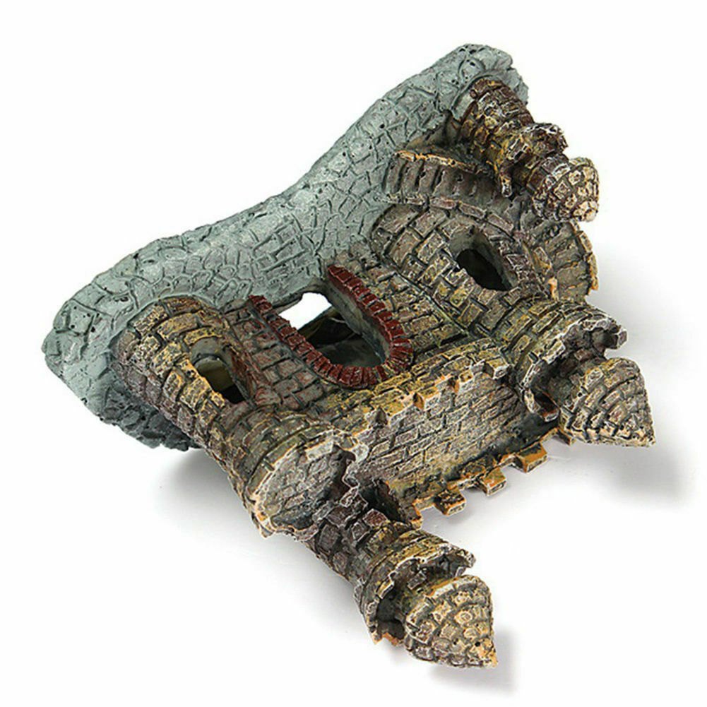1xWreck Sailing Boat, 1xAntique Castle  Fish Tank Landscape Decoration