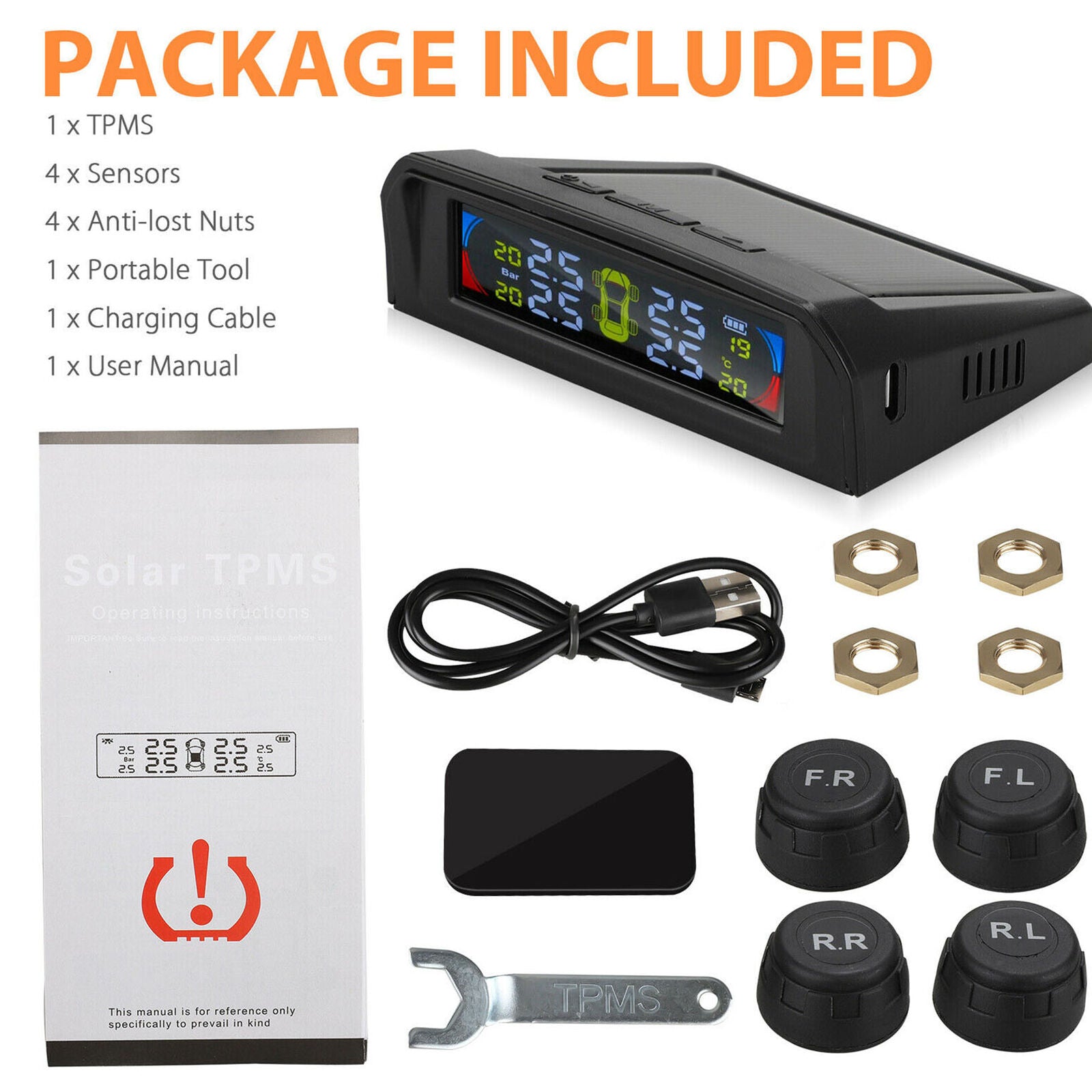 Car Tire Pressure Monitoring System LCD Solar Wireless TPMS + 4 External Sensors