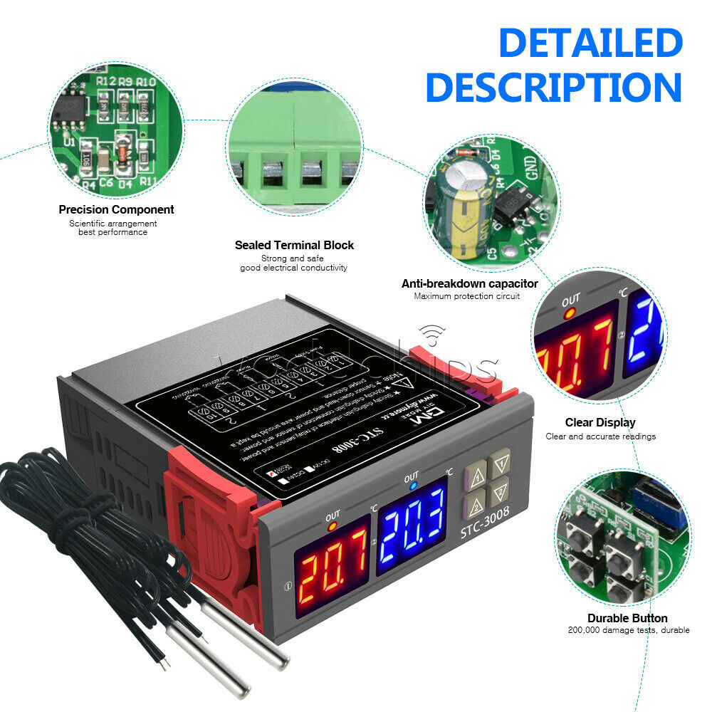 AC110-220V STC-3008 Digital Thermostat Temperature Controller Dual NTC Sensor