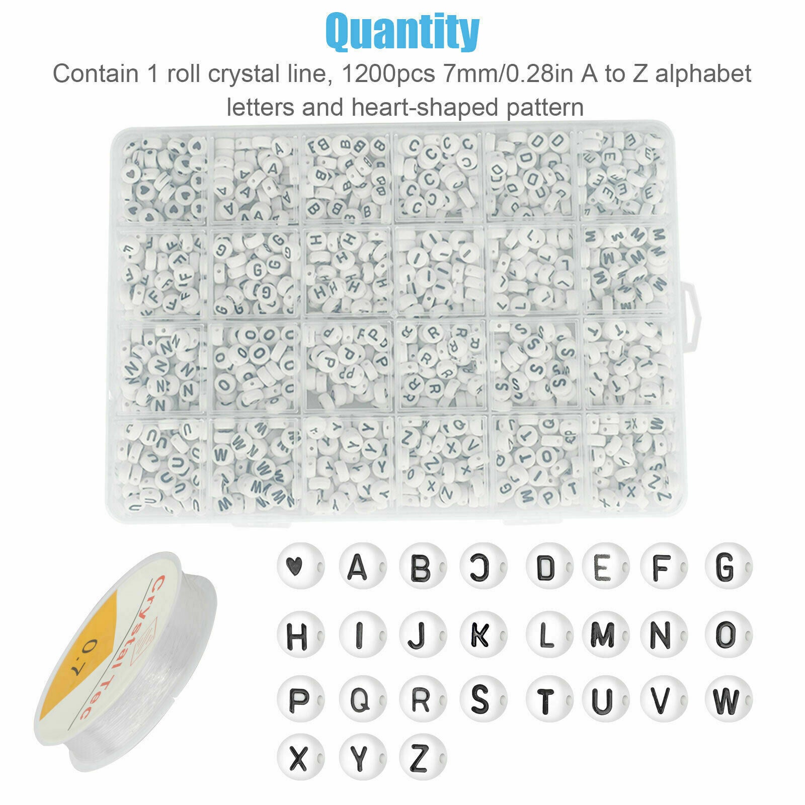 1200PCS White Letter 7mm/0.28in Disc Shape Alphabet Beads Multi A-Z DIY Craft