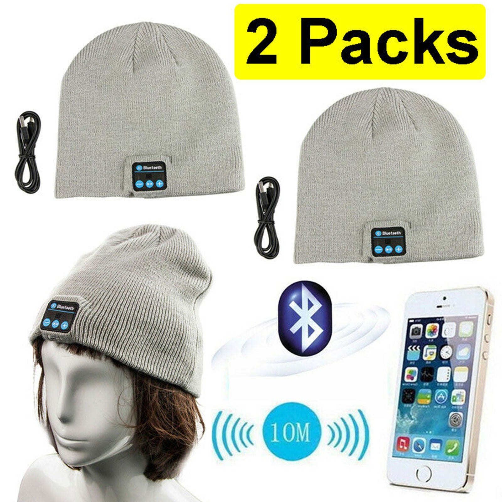 2x Beanie Hat Bluetooth Smart Cap Wireless Headset Headphone Speaker Mic Grey