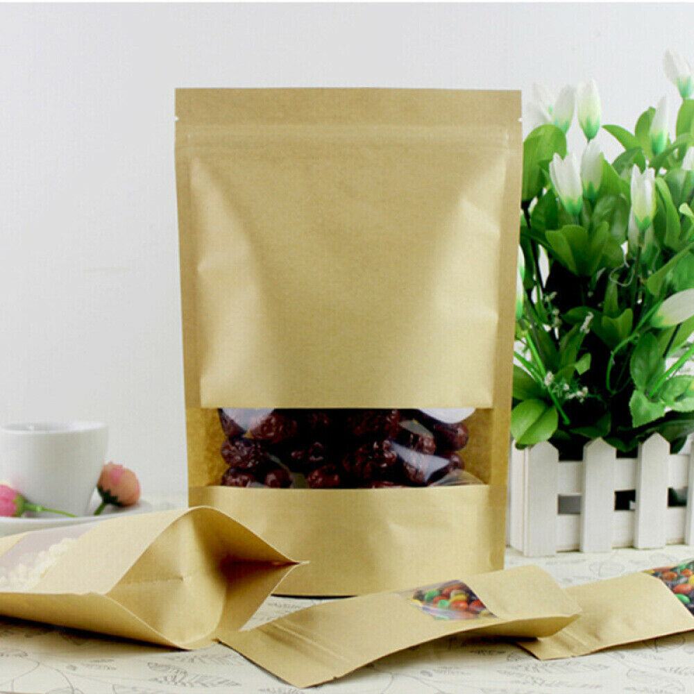100 Packs Kraft Bags with Window Seal Bag Resealable for Home Business