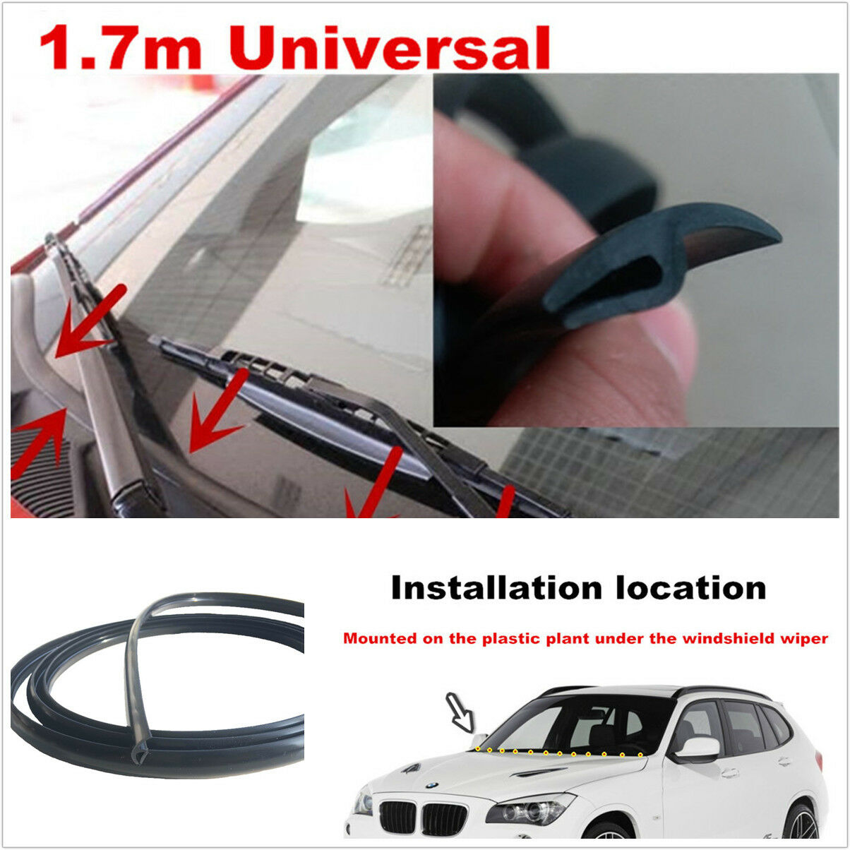 Universal 1.7M Rubber Sealed Strips Trim Front windshield wiper Plastic Panel