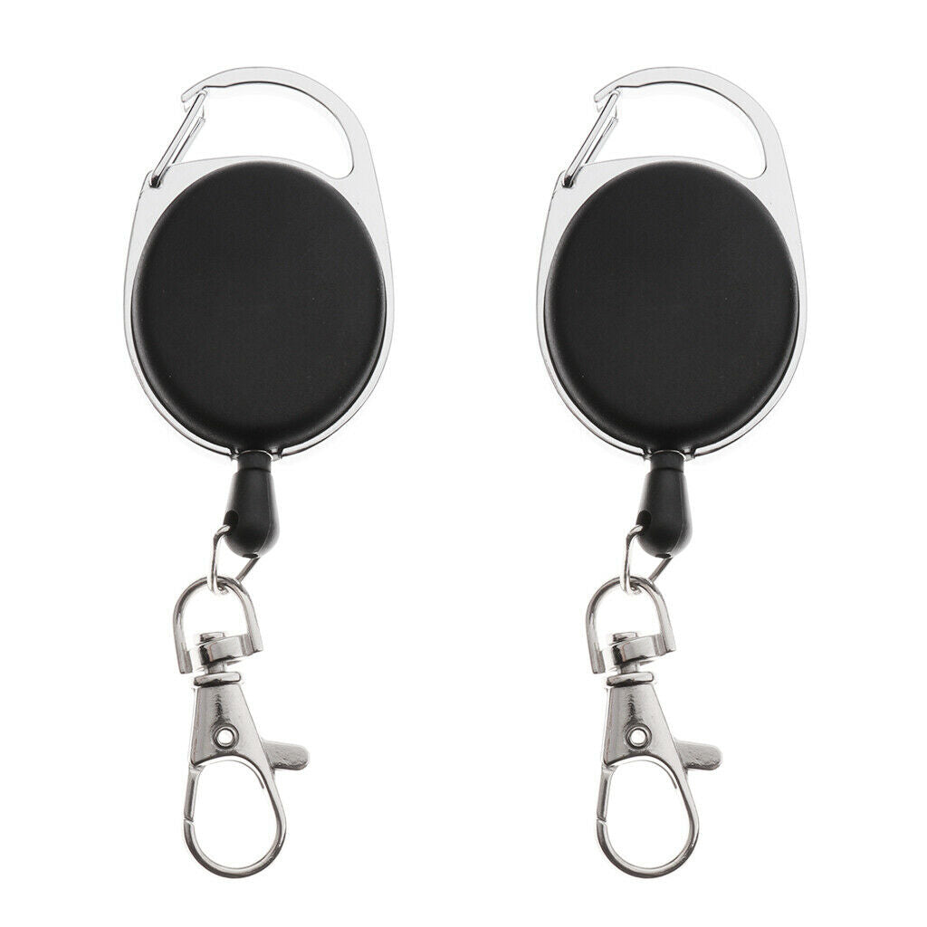 2x Black Retractable Key Reel - Recoil Cord Key Ring Pull Chain Belt Clip