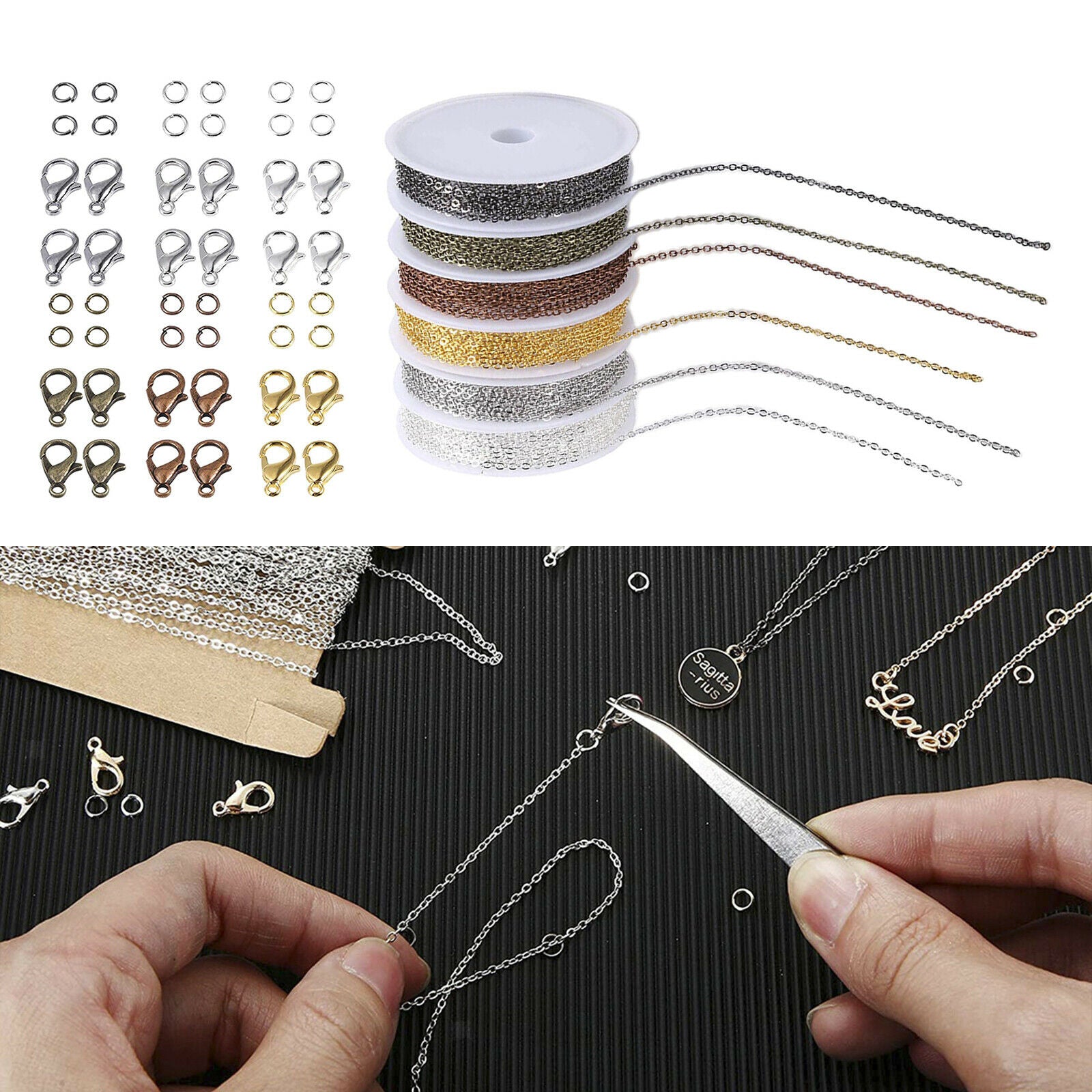 Iron Cable Chain Link 60 Lobster Clasps Jump Rings for DIY Necklace Craft