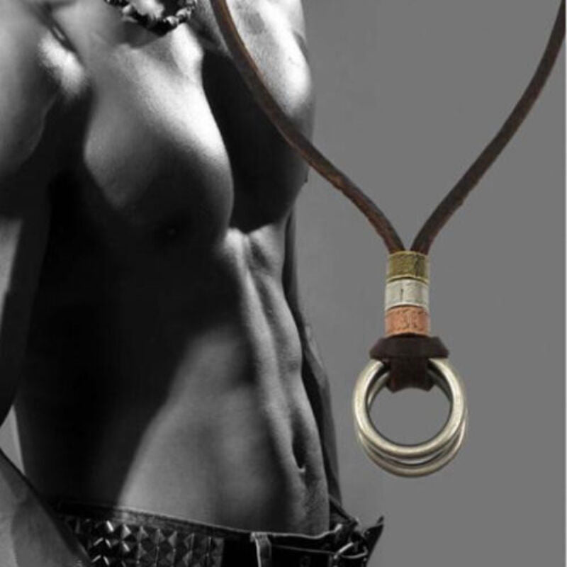 Men Retro Leather LUS Cord Necklace Double Circle Ring Pendant Jewelry CHI