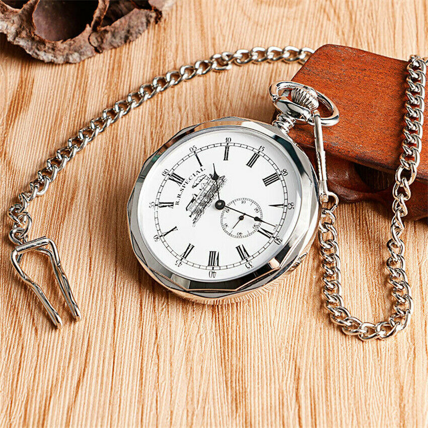 Retro Open FaceSilver Railway Mechanical Hand Winding Pocket Watch Chain Gift
