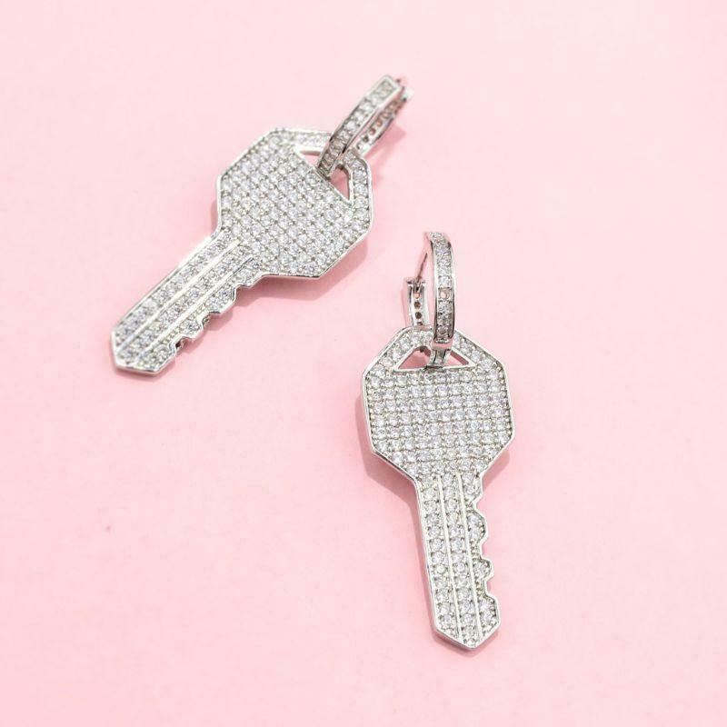 Shiny Full Rhinestone Crystal Key Charm Dangle  Hoop Earrings Women Girlfriend