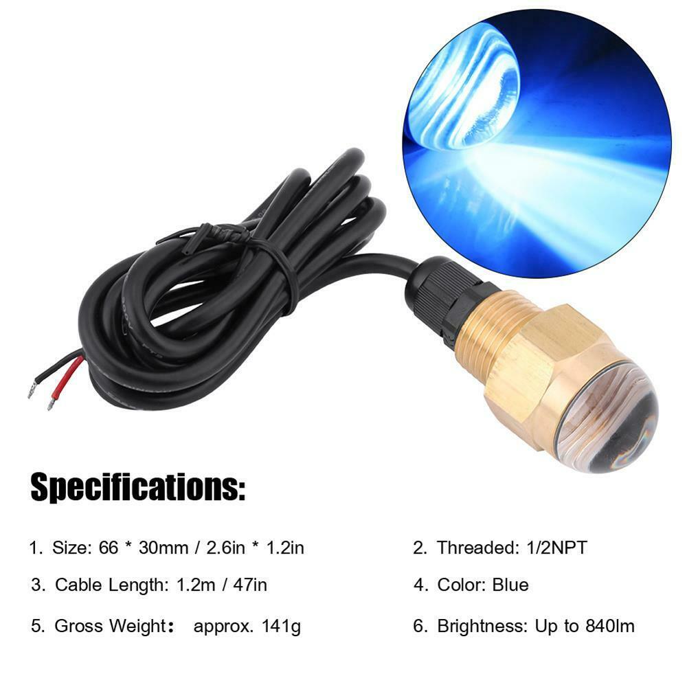 Marine Drain Plug Light Boat 12V Brass Blue LED Underwater Lamp 1/2" NPT Yacht