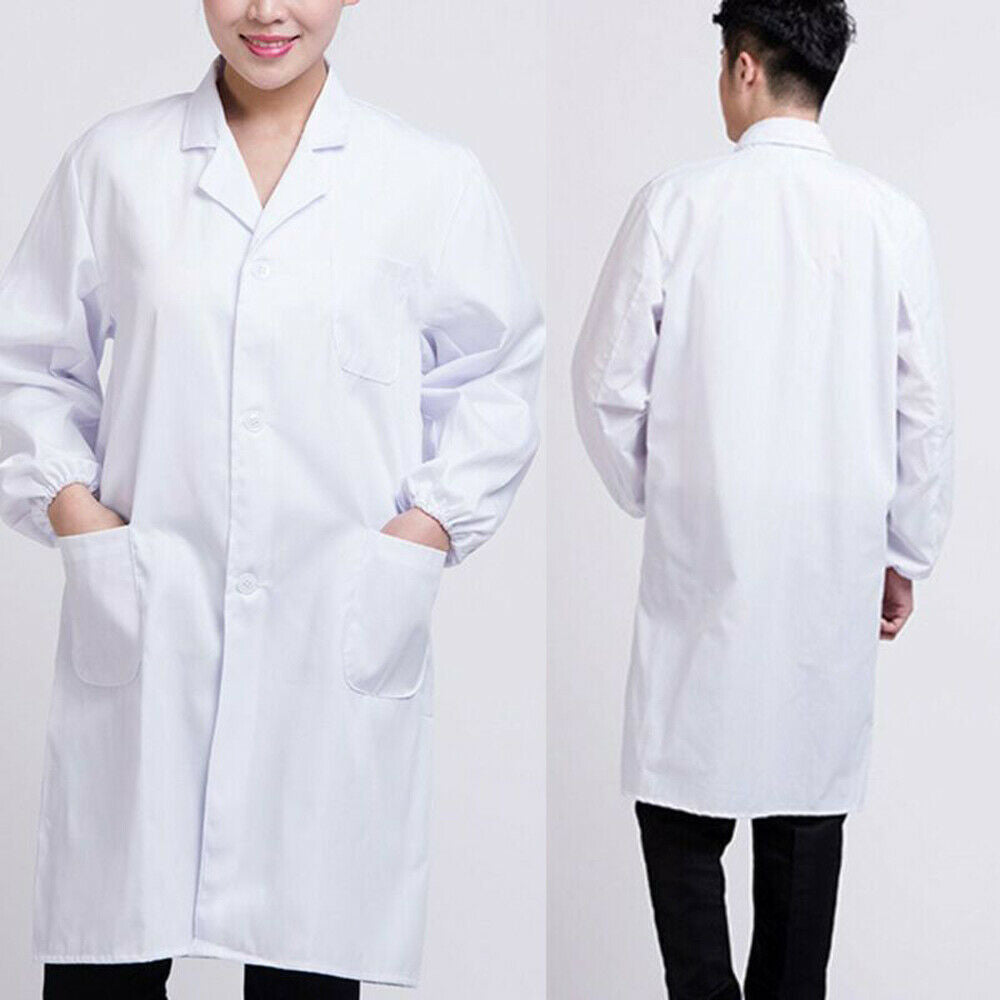 Womens Mens White Lab Coat Scrub Medical Doctors Lapel Collar Jacket Hospital