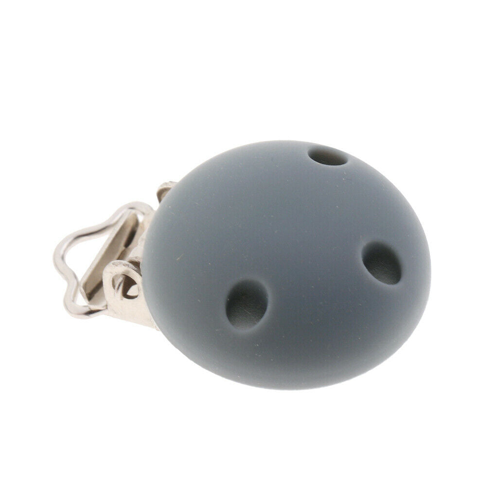 2Pcs Cute Baby Pacifier Round Silicone Soother Clip Metal Holders Clasp Gray