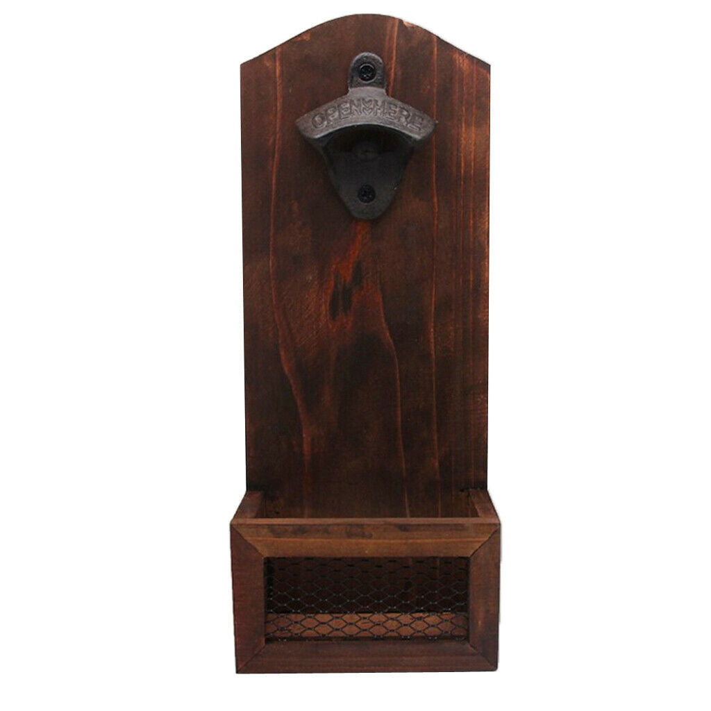 Home Bar Pub Novelty Wood Wall Bottle Opener w/   Catcher Organizer Holder