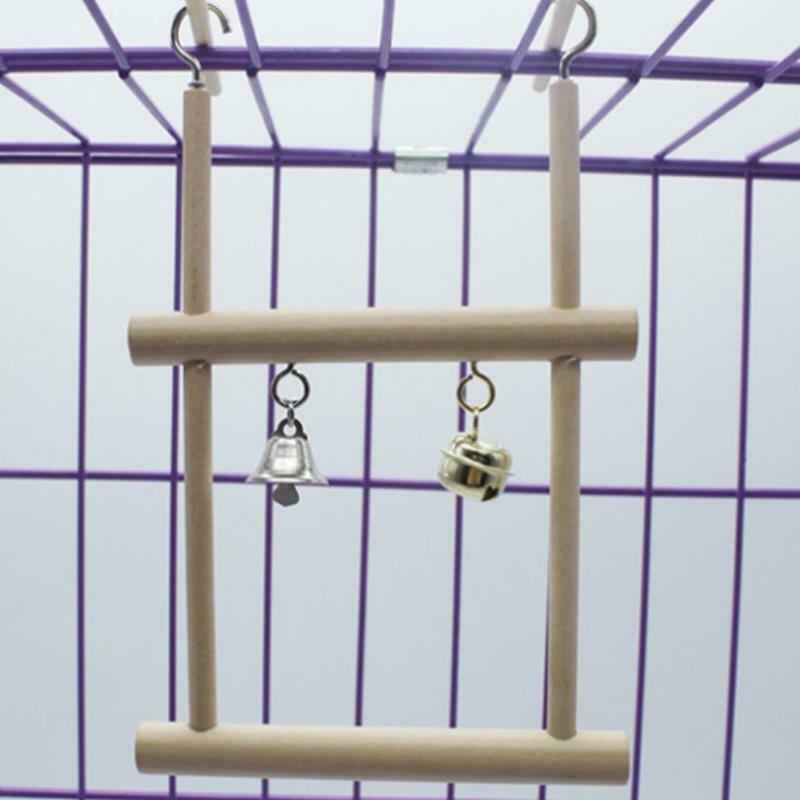Birds Perch Parrot Toys Stand Holder Natural Wood Swing Bell Cage Hanging Ladder
