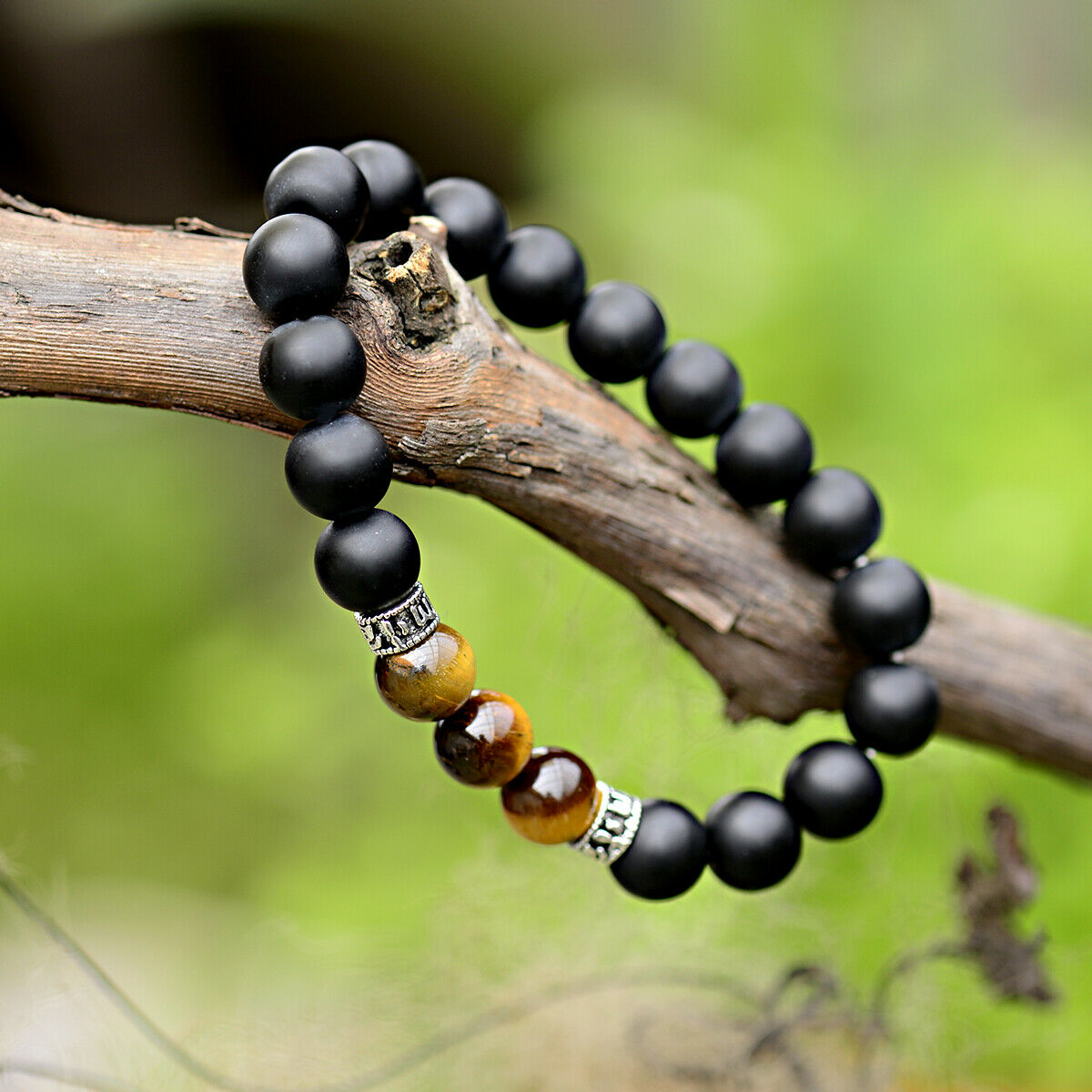 Hot Men's Fashion Black Onyx Stone Tiger Eye Sanskrit Beads Cuff Charm Bracelets