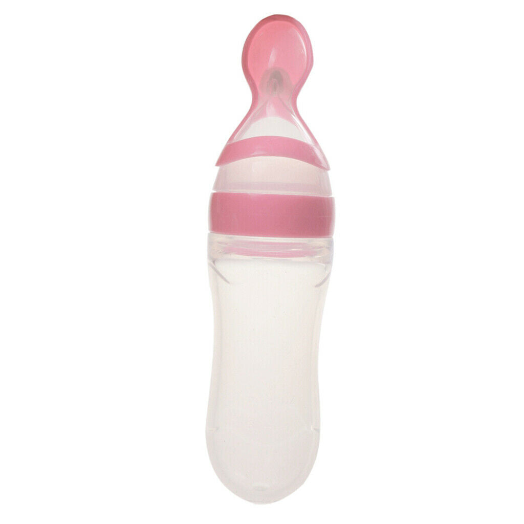 Kids Baby Silicone Feeding With Spoon Feeder Food Bottle+Heat Sensing Spoon