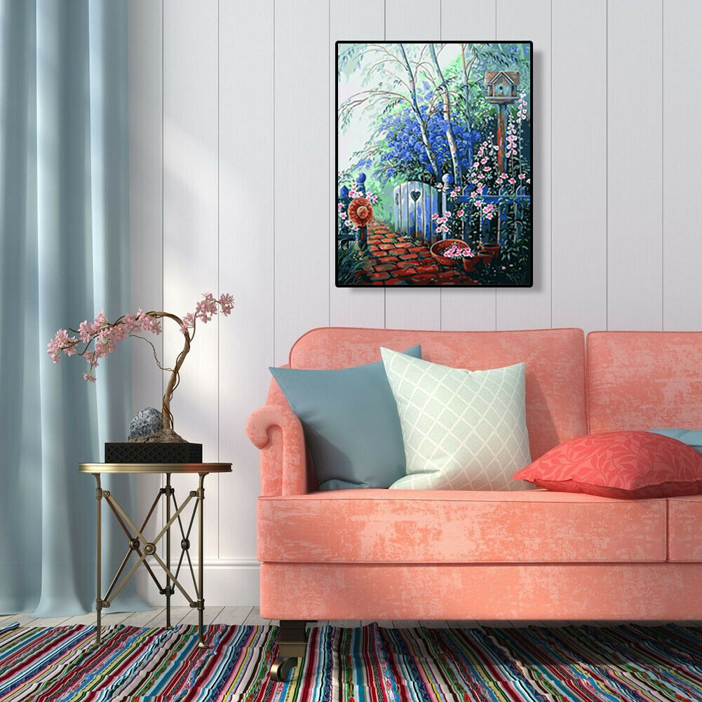 DIY Digital Canvas Blue Garden Oil Picture By Number Kits Art Modern Decor @