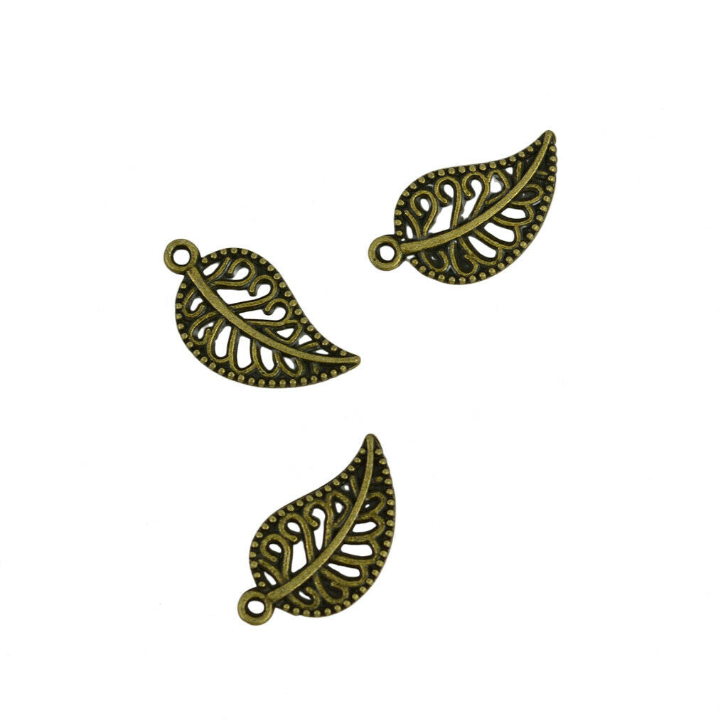 100 Pcs Bronze Filigree Hollow Leaf Charms Pendants Beads Jewelry DIY