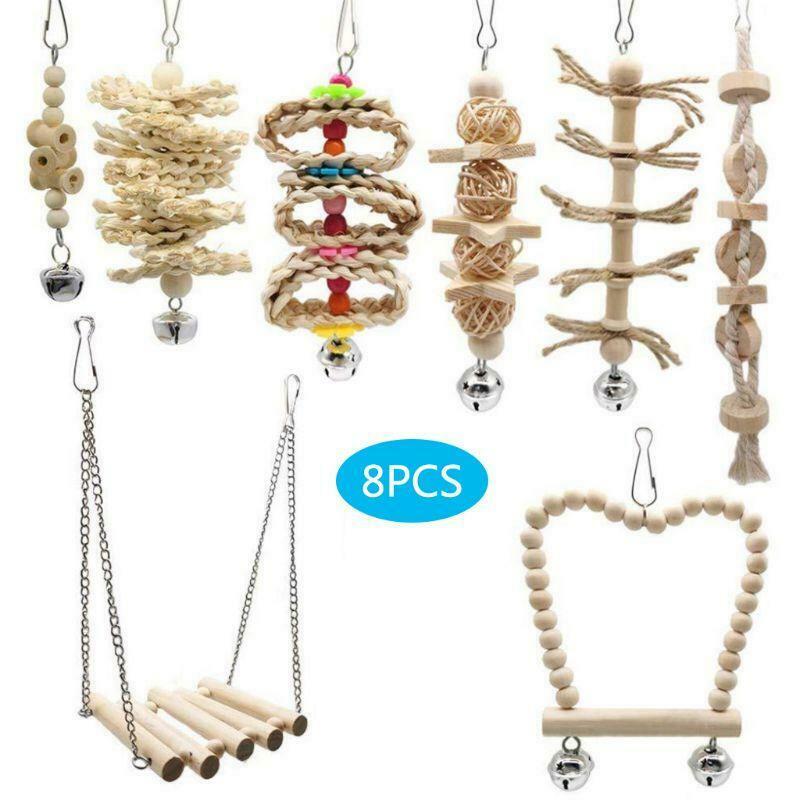 8 Pcs/set Bird Parrot Swing Chew Toys Natural Wood Hanging Bell Birds Cage Decor