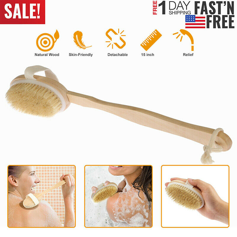 15" Handle Back Body Shower Spa Bath Brush Exfoliating Skin Clean Scrubbe.l8
